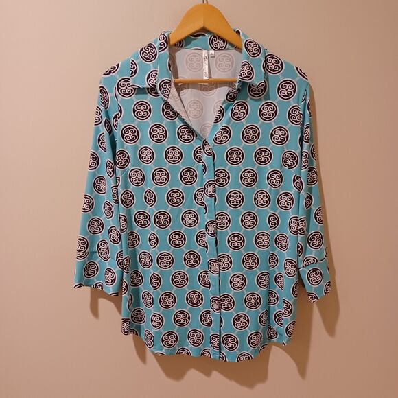 Lulu B Teal Blue Geometric V-Neck Long Sleeve Button Front Top Large Colorful - Picture 1 of 8